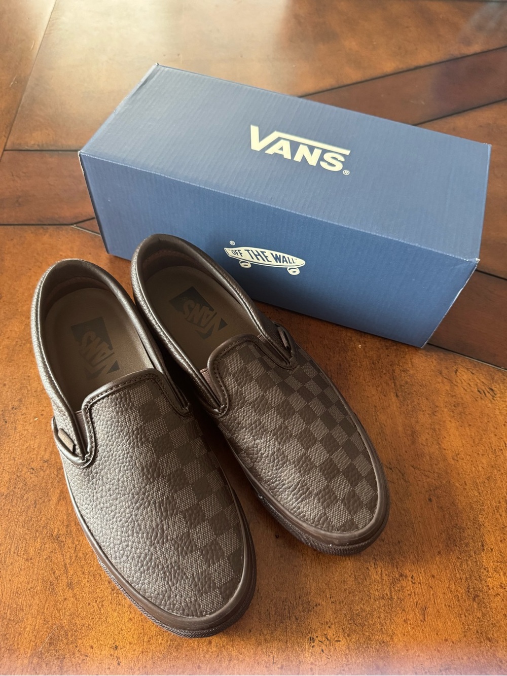 Vans Slip-On Premium Demitasse Brown Checkerboard Leather Sneakers New